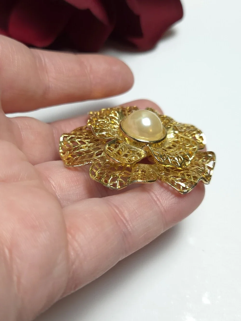 Vintage Gold Plated Open Metal Work Flower Petal & Faux Pearl Brooch